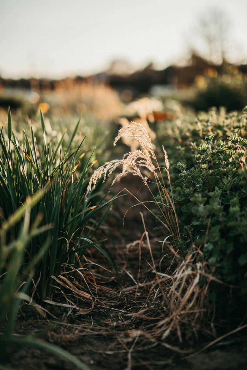 Fine ornamental grass heads catching low light between blocks of border planting