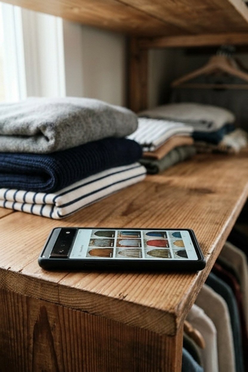 A phone showing a digital wardrobe inventory app in a closet