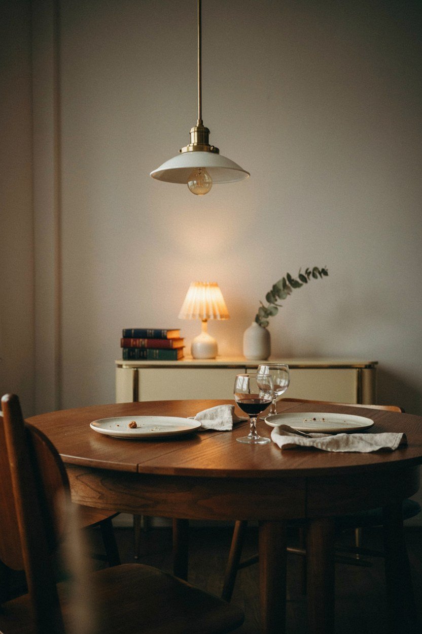Dimmed warm pendant over a dining table in the evening
