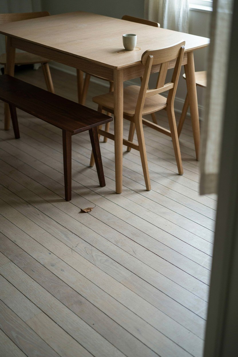 Bench on one side of a dining table pushed fully in