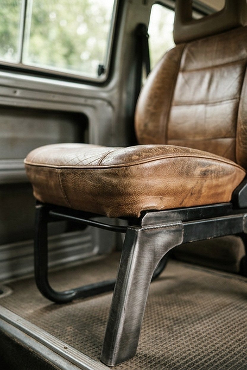 Distressed leather seating with a steel frame inside a van