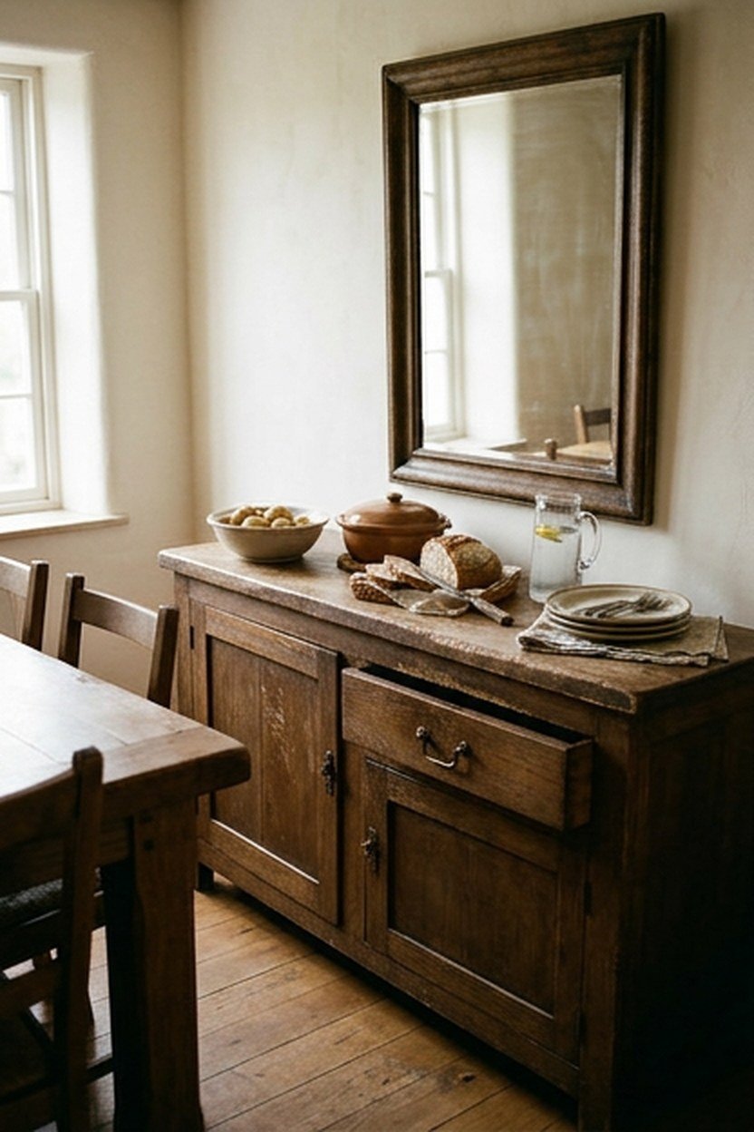 A distressed wood buffet sideboard along a farmhouse dining room wall