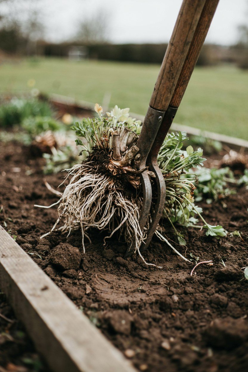 A lifted perennial clump being split with two garden forks placed back to back