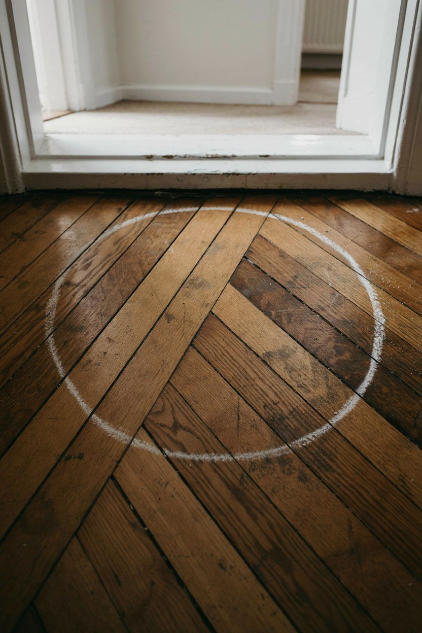 Chalk arc on the floor showing how much space a door swing takes