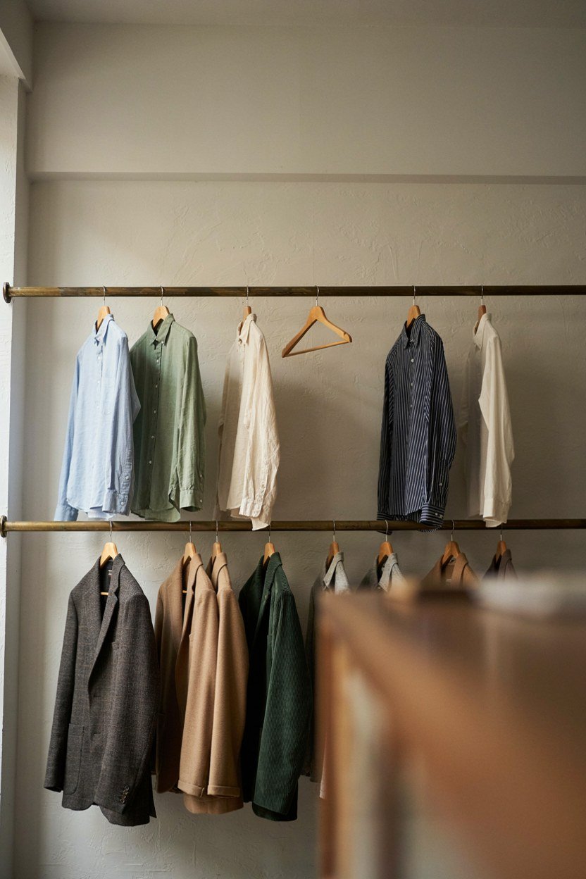 Two brass hanging rails at different heights holding shirts and jackets on wooden hangers
