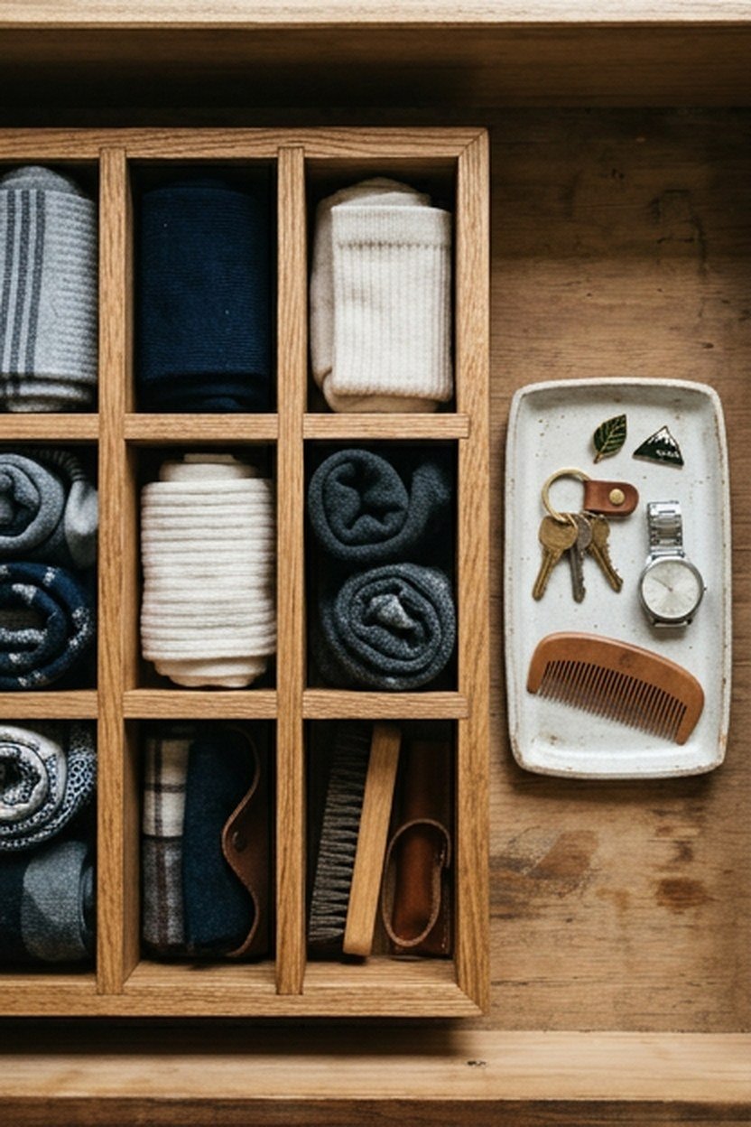 Drawer dividers organizing folded small items in a dressing room