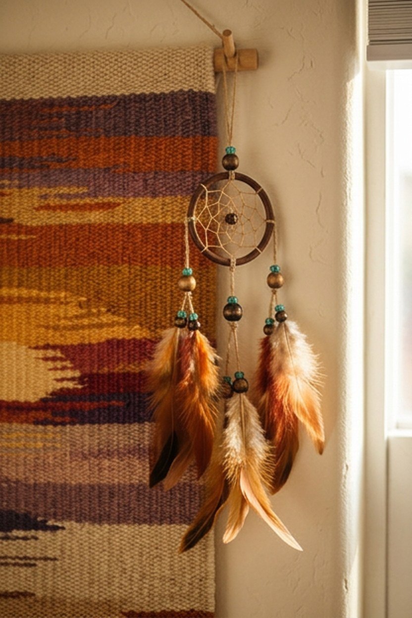 A small dreamcatcher accent hung near the corner of a sunset tapestry