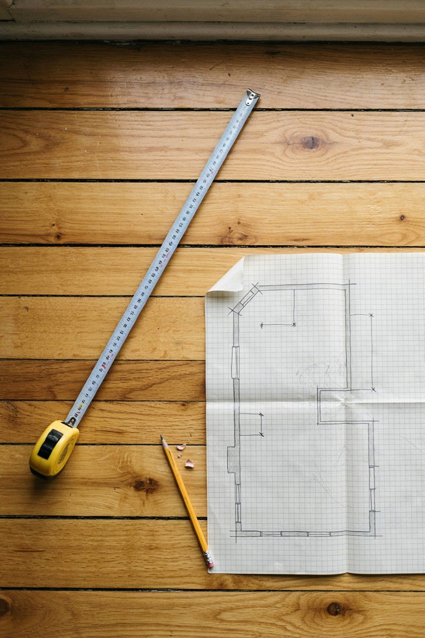 A steel tape measure and a pencil floor plan laid out on bare boards before a fit out
