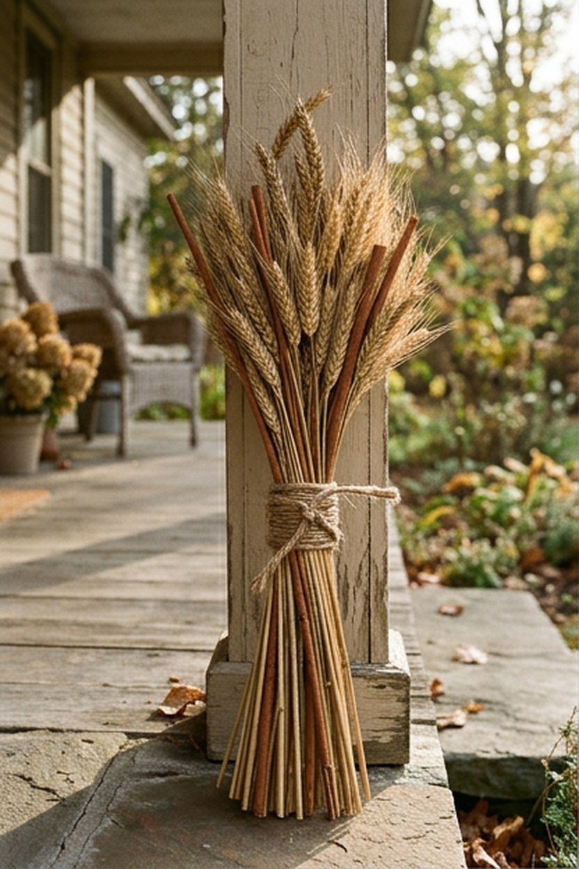 Dried wheat and cinnamon toned stem bundles leaning against a porch column