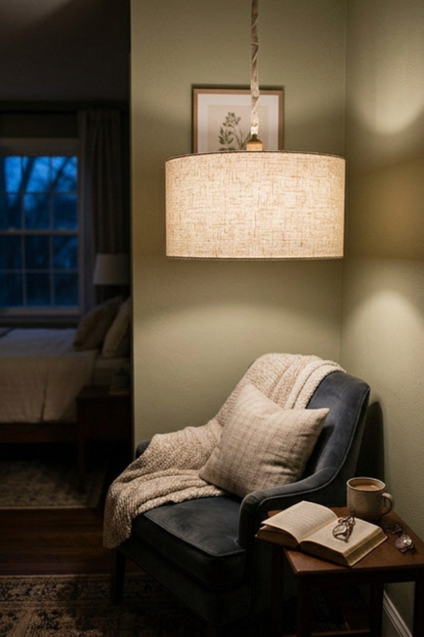 A drum shade chandelier providing soft ambient light in a bedroom
