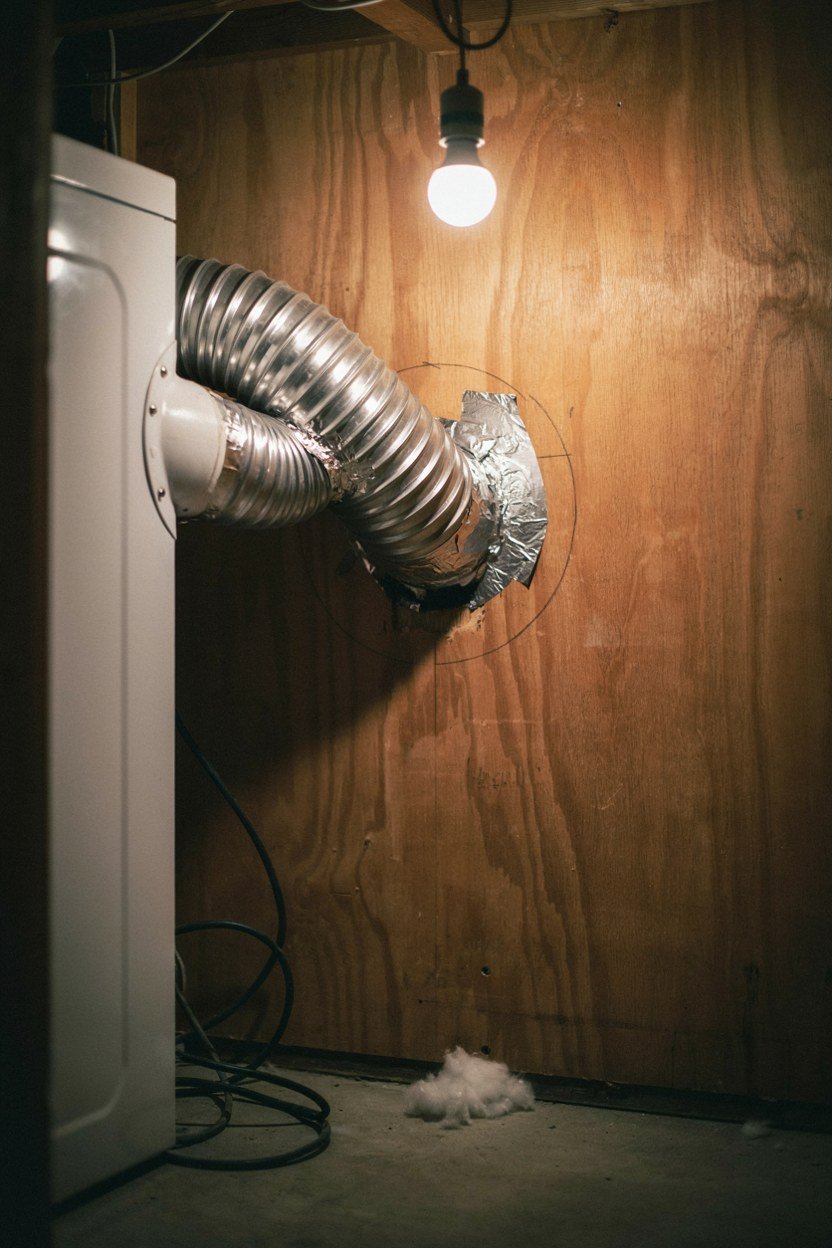 Dryer vent ducting running from a machine through a cupboard wall