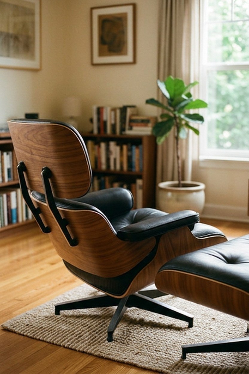 A molded plywood lounge chair and ottoman with leather cushions