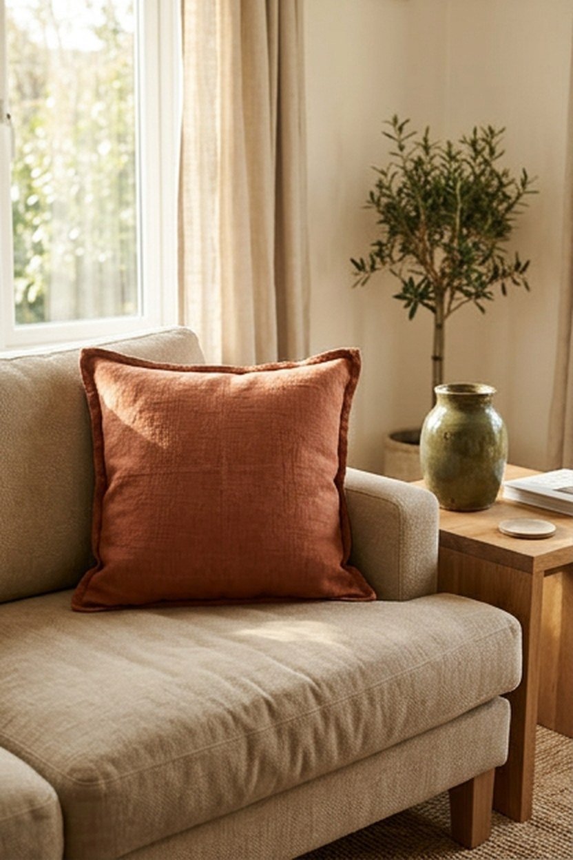 Terracotta cushion and olive vase as earthy accents in a minimalist living room