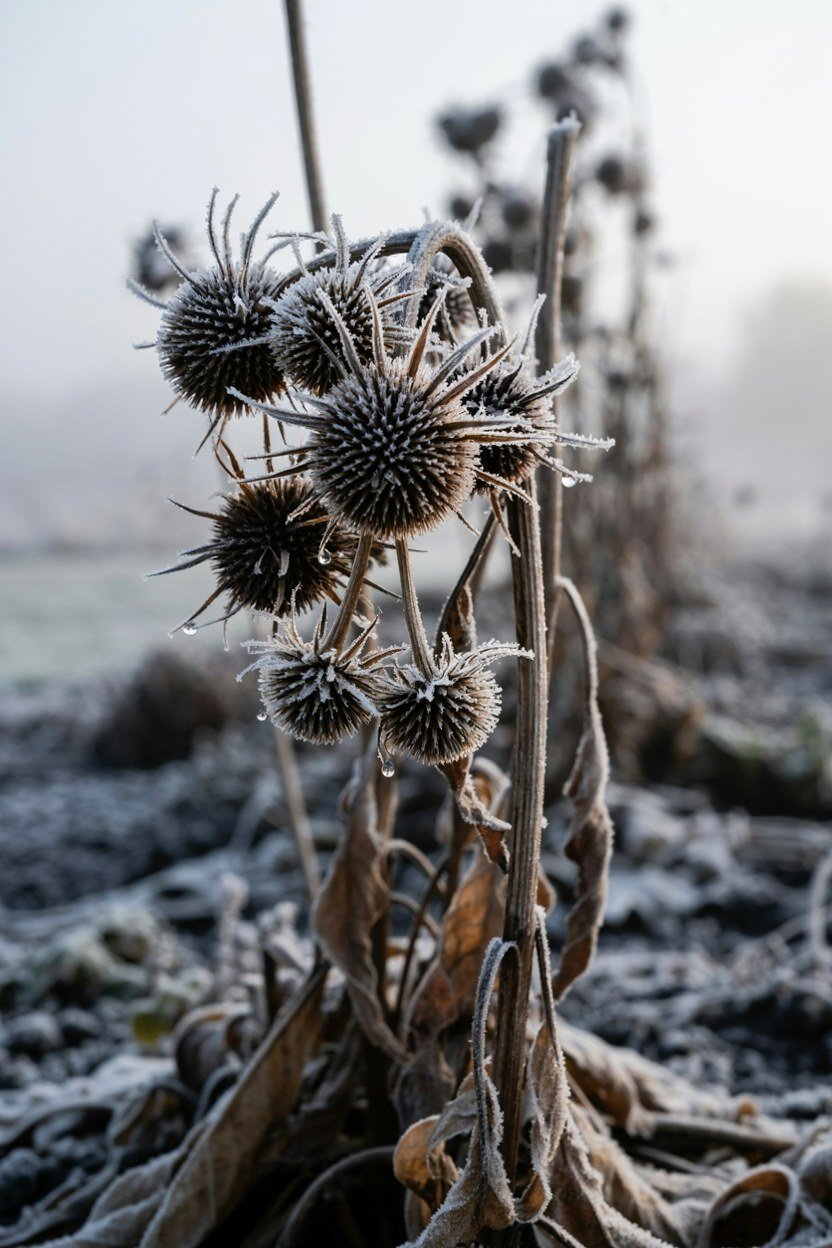 Frost coated echinacea seed heads standing on bare stems in a winter border