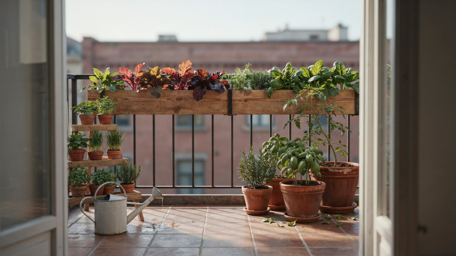 Balcony filled with herb pots and salad planters in the sun
