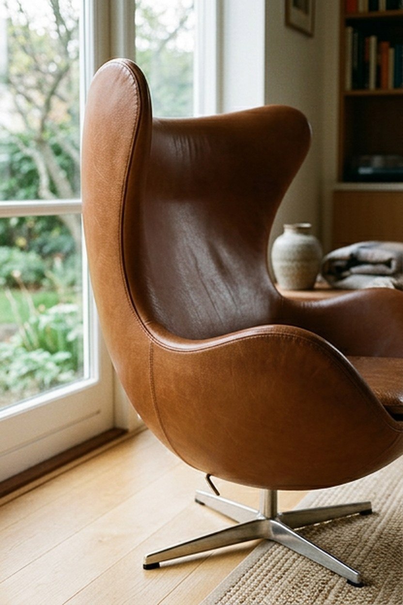 A rounded egg style chair with leather upholstery on a swivel base