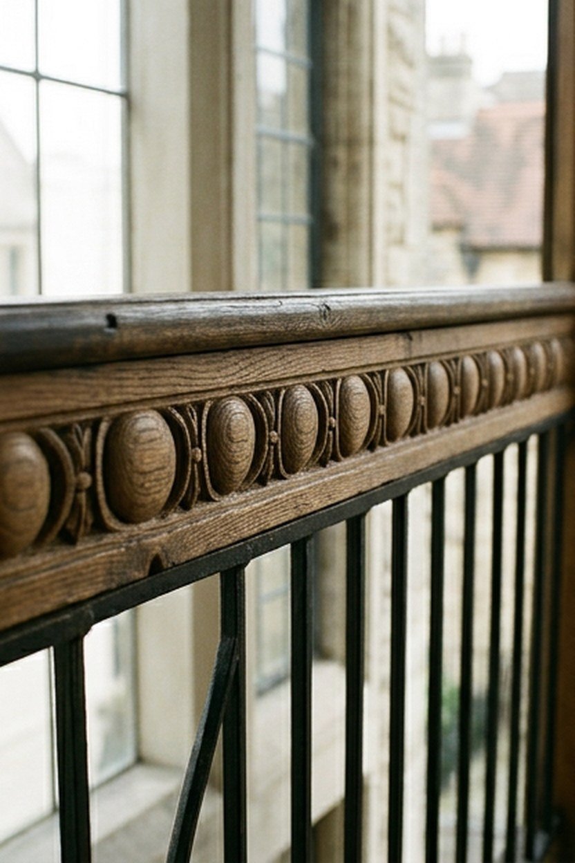 A cast iron egg and dart border pattern along a balcony railing