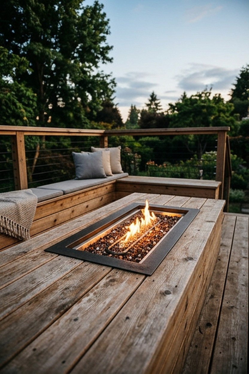 An elevated gas fire pit built into a raised backyard deck