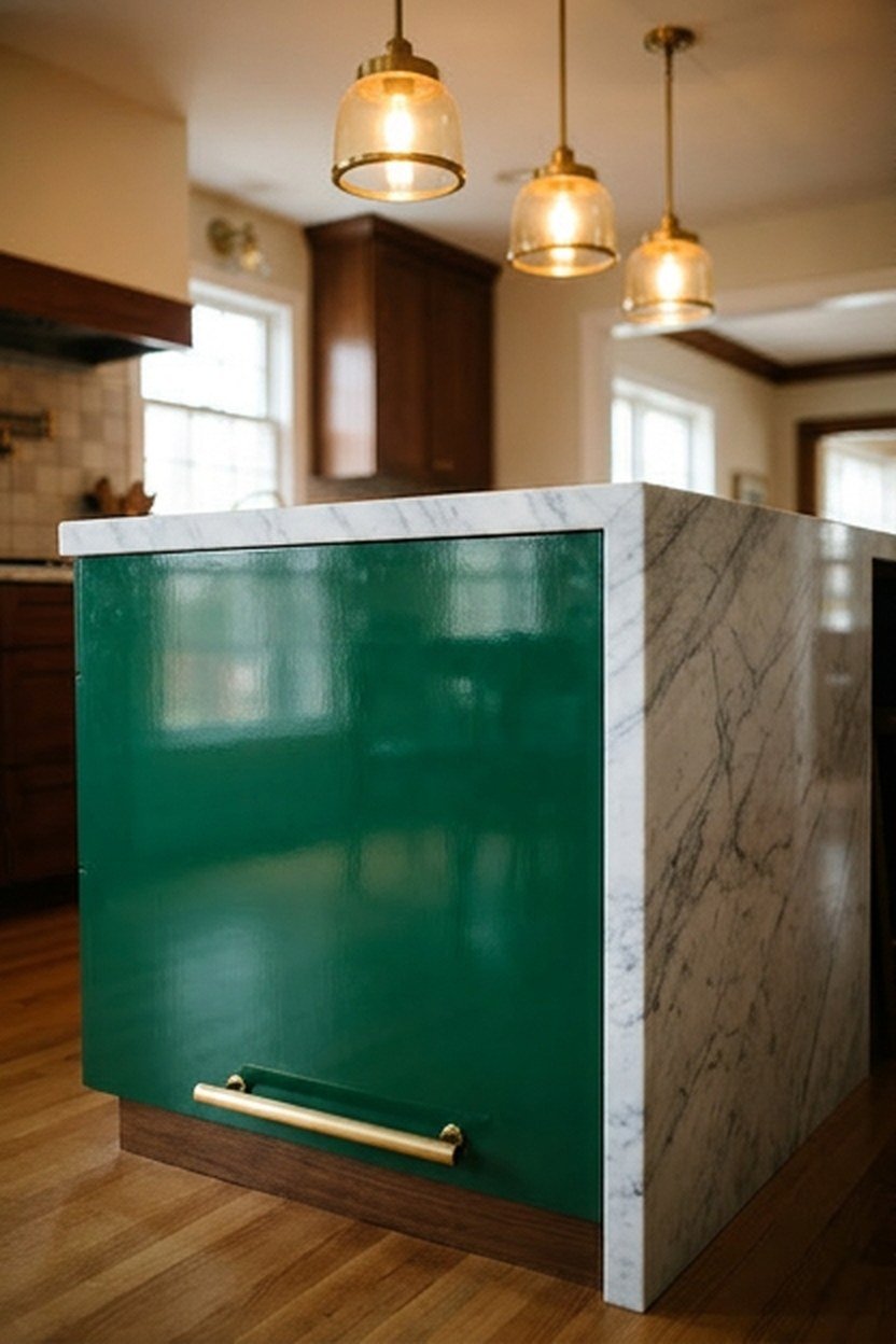 A glossy emerald green kitchen island corner with brass hardware