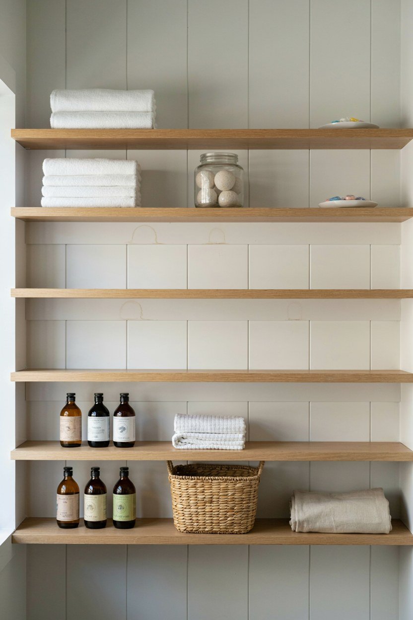 One deliberately empty shelf in a laundry nook