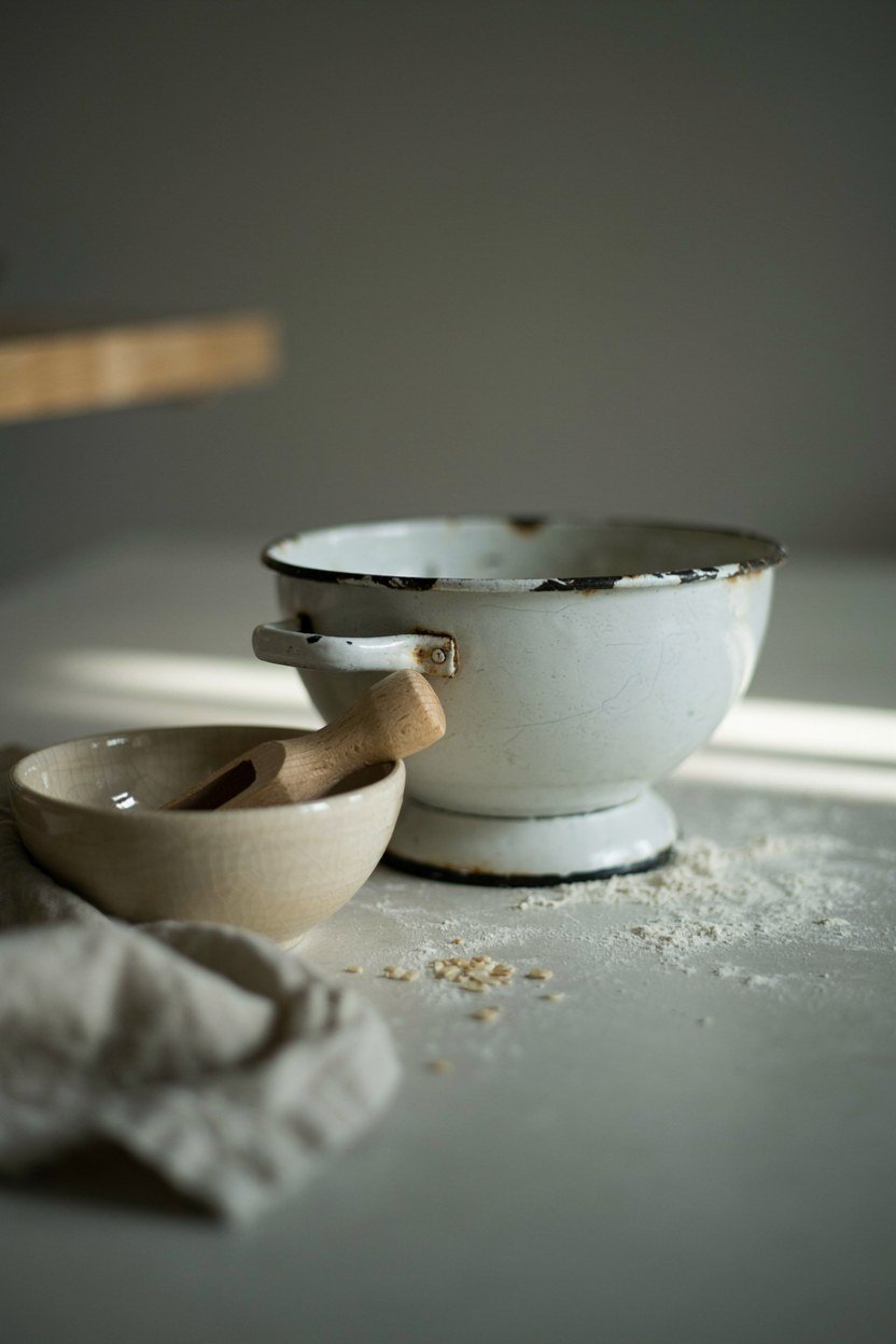 Chipped enamel, matt stoneware and wooden pieces grouped together on a table
