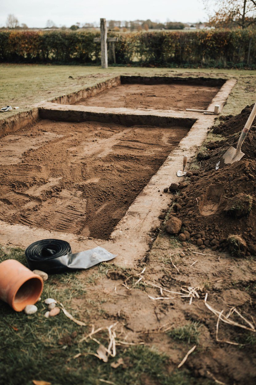 EPDM pond liner folded into a square corner over protective underlay