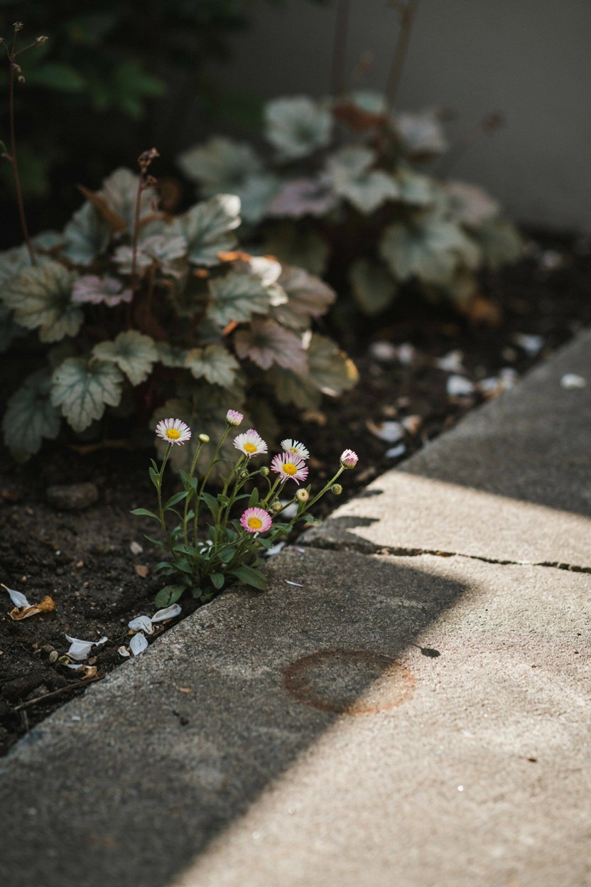 Small white erigeron daisies seeded into the joint at the front edge of a bed