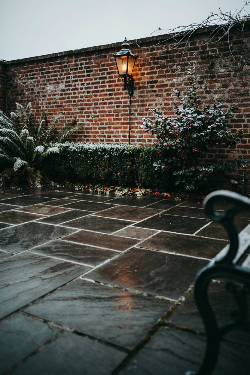 Evergreen planting and dark paving carrying a patio through winter
