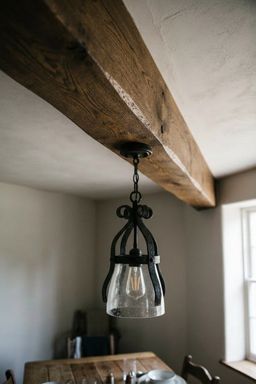 Exposed wood ceiling beams above a farmhouse dining table