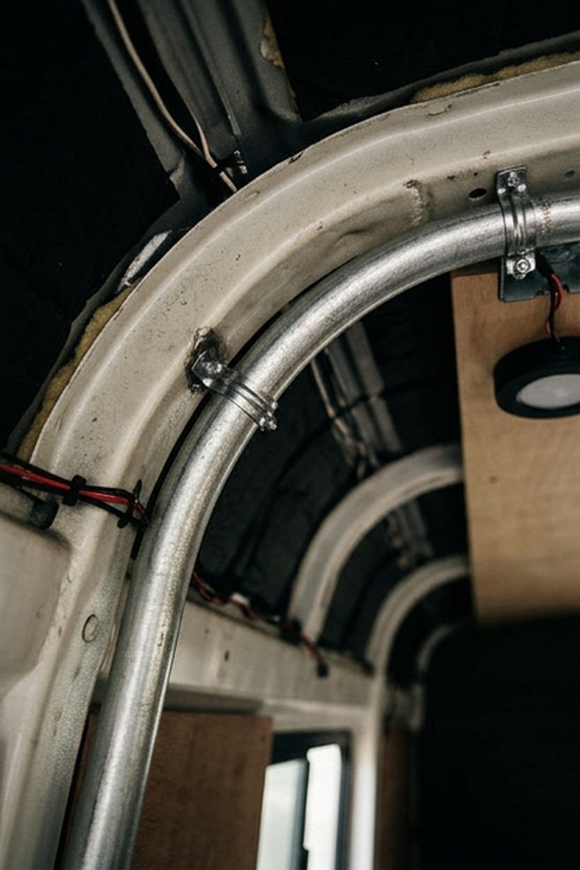Exposed steel conduit running along a van ceiling for interior wiring