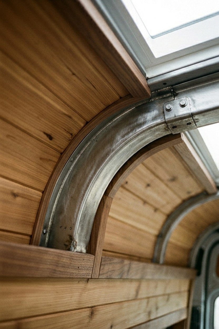 An exposed steel roof rib accent panel inside a van ceiling