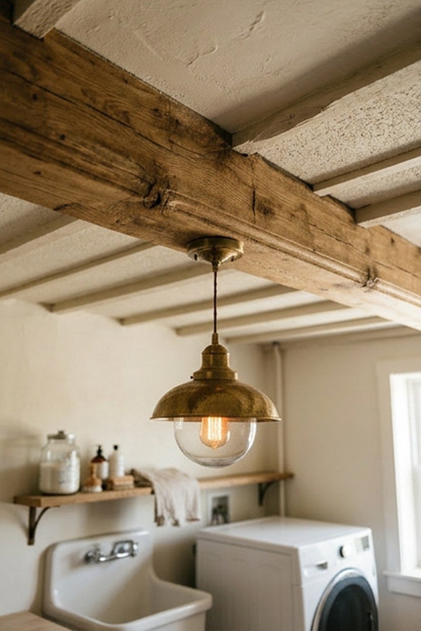 An exposed wood beam detail across a laundry room ceiling