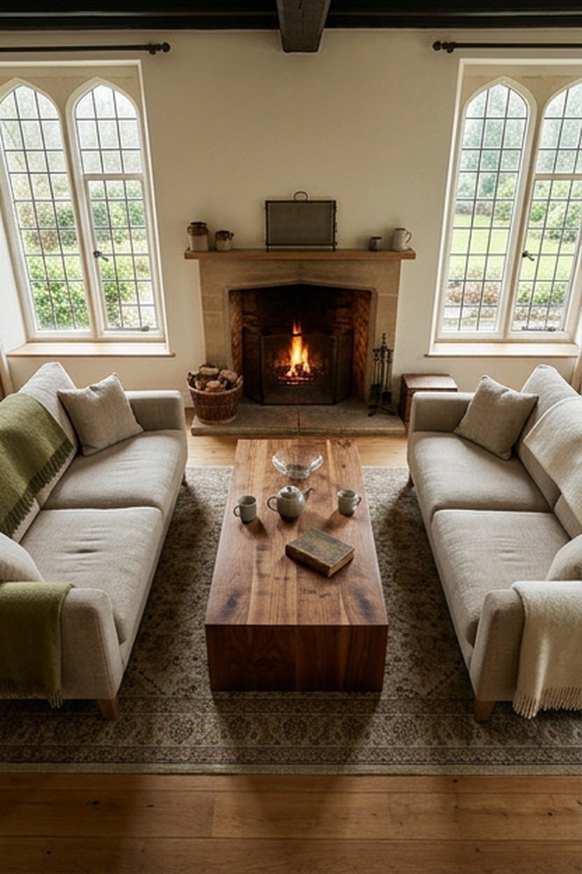 Two facing sofas across a coffee table in a classic living room arrangement