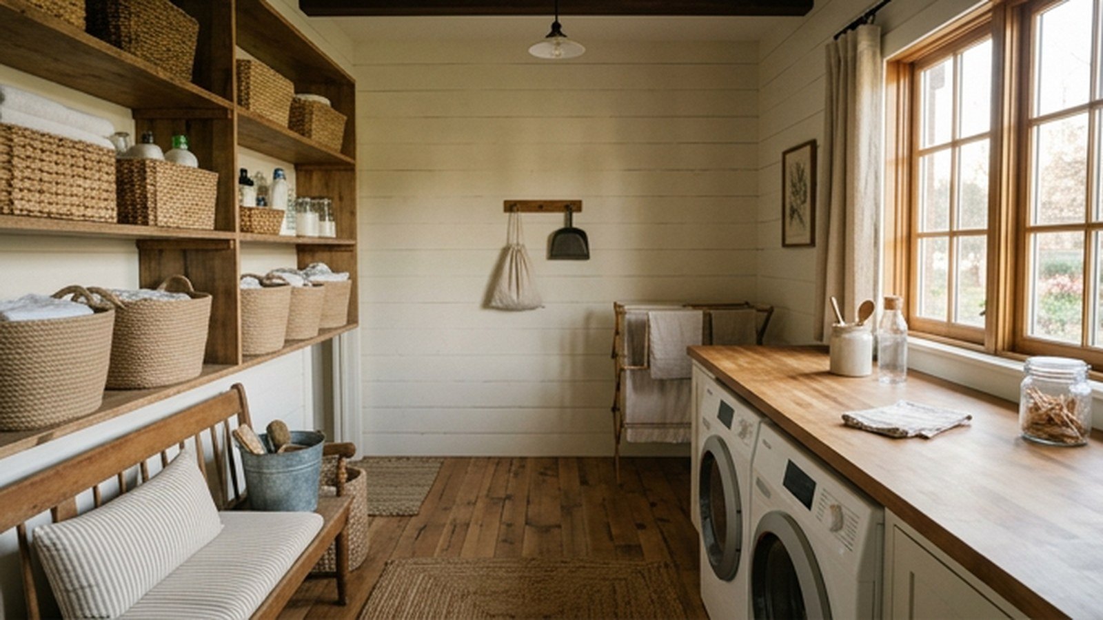 A farmhouse laundry room with shiplap walls and open wood shelving