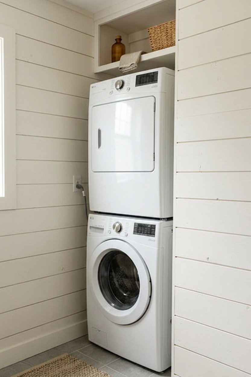 Painted shiplap wall treatment behind a washer and dryer