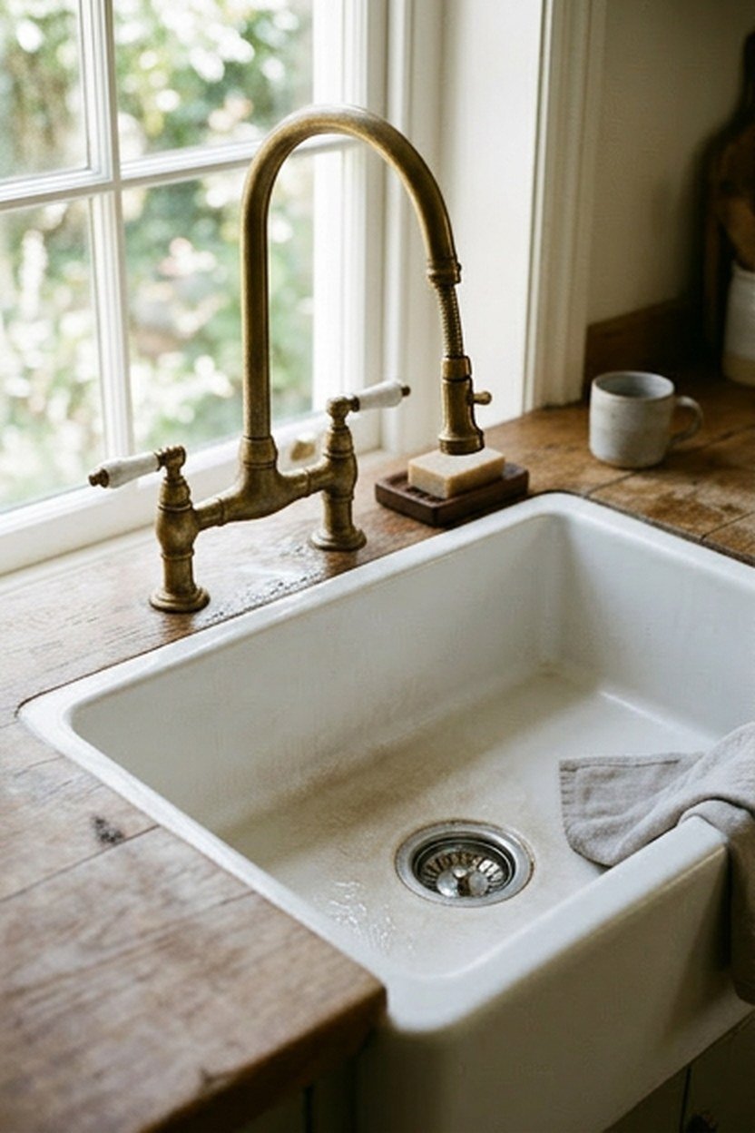 A farmhouse apron front sink installed in a laundry room