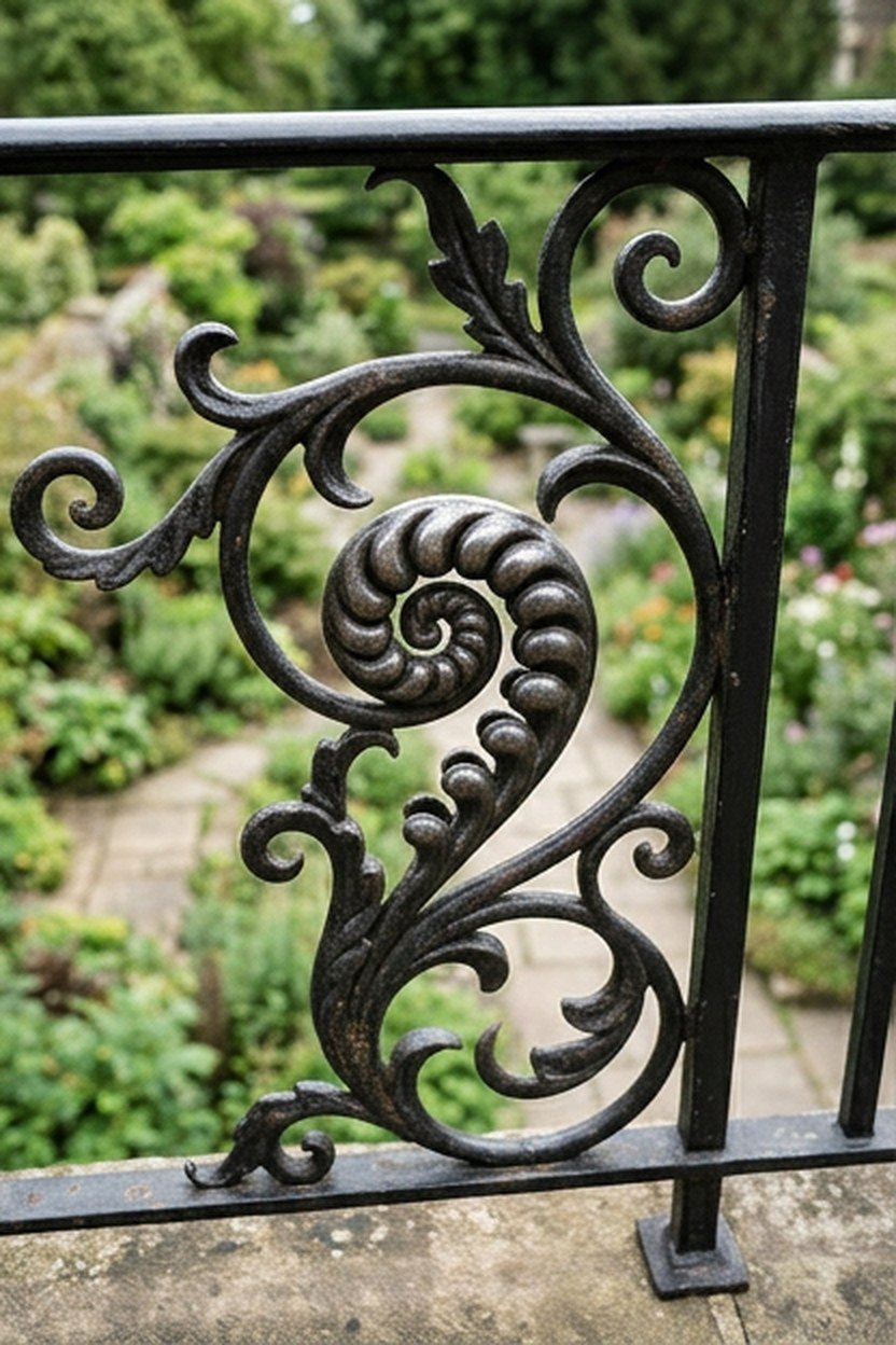 A Victorian fern frond scrollwork motif on a balcony railing
