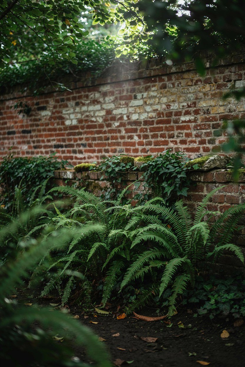 Ferns and ivy planted densely against a shaded garden wall