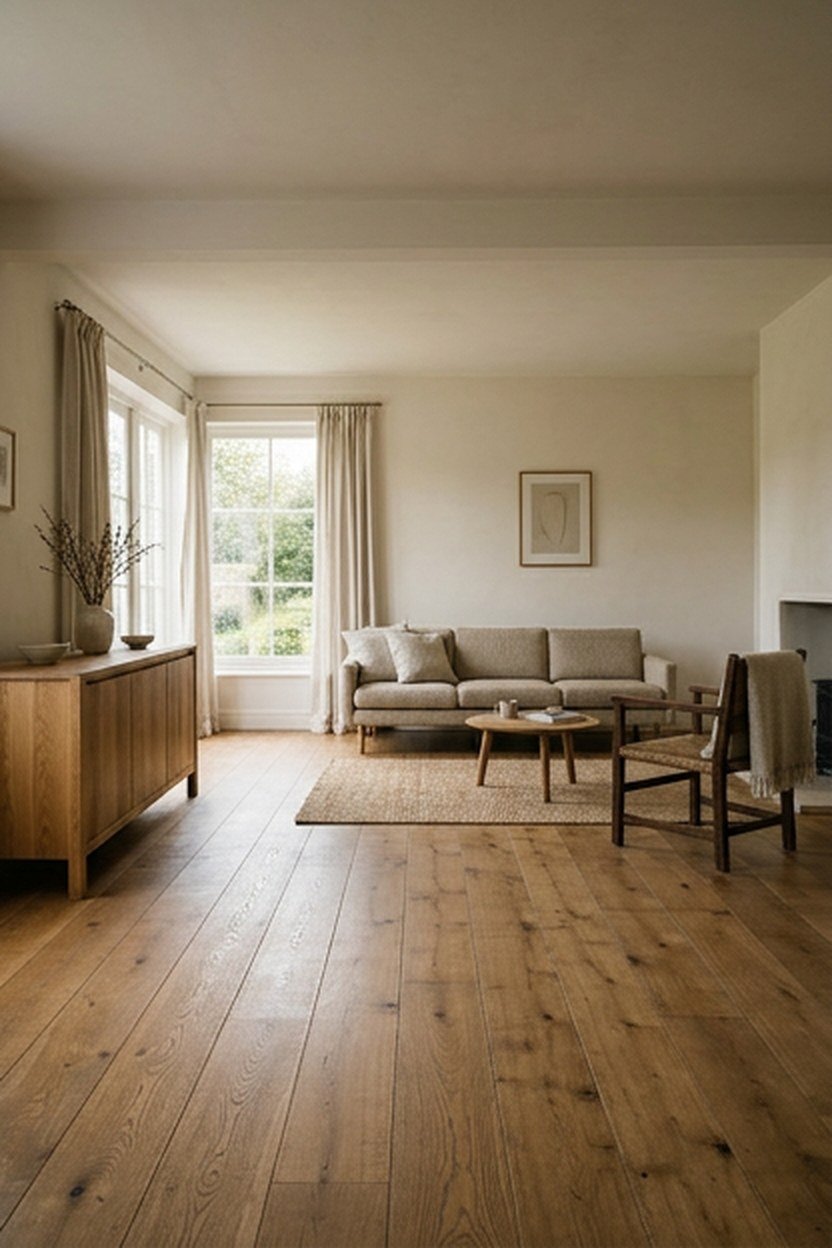 Minimalist living room furnished with only a sofa, one chair and a sideboard