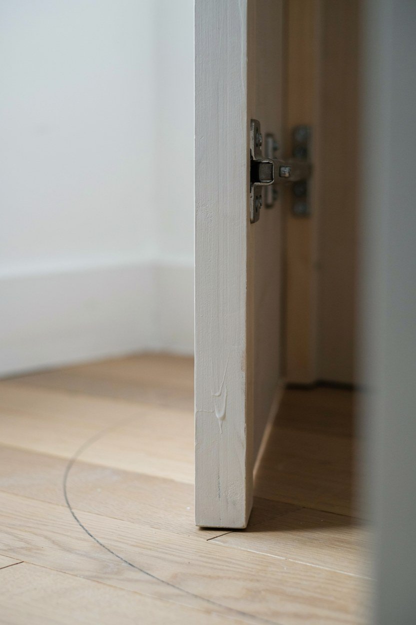 A narrow painted filler strip covering the hinge side gap of a bookcase door