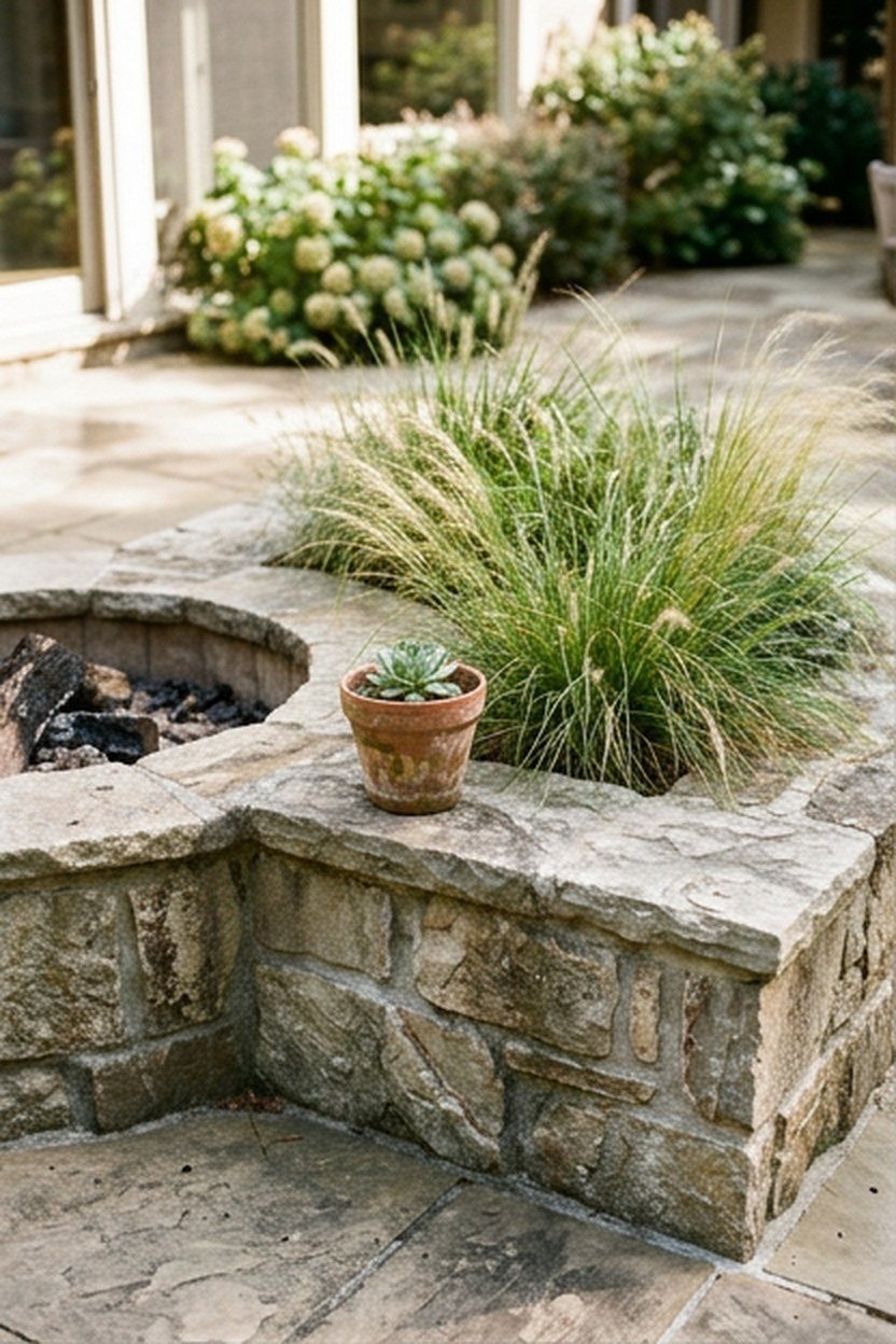 A backyard fire pit surrounded by built-in stone planters