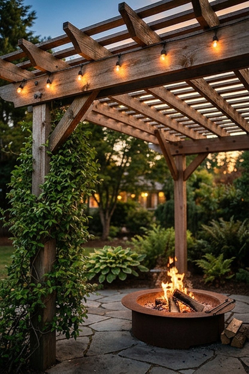A backyard fire pit positioned beneath an open lattice pergola
