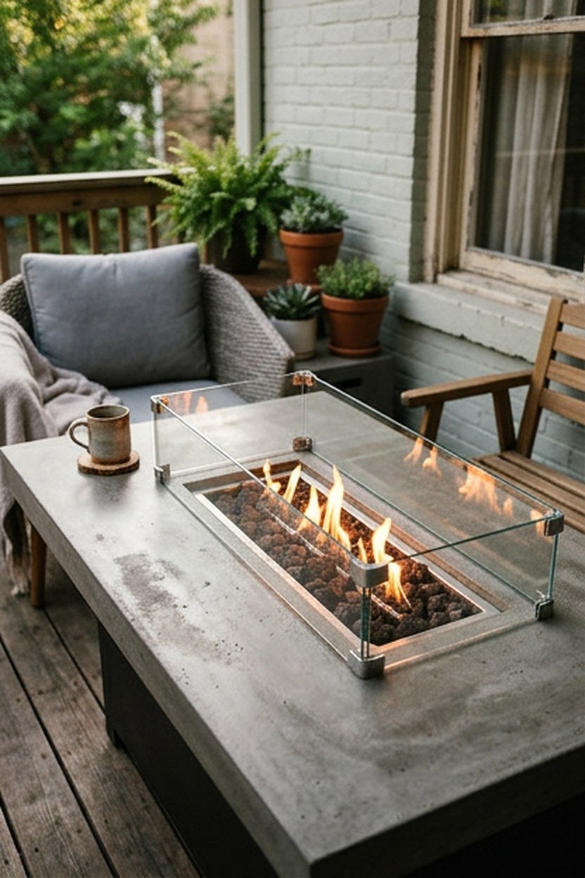 A fire pit table doubling as outdoor patio furniture