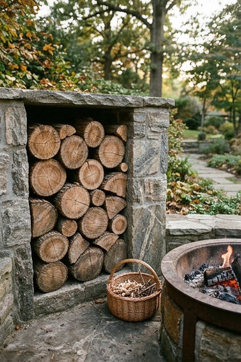 A built-in wood storage rack beside a backyard fire pit