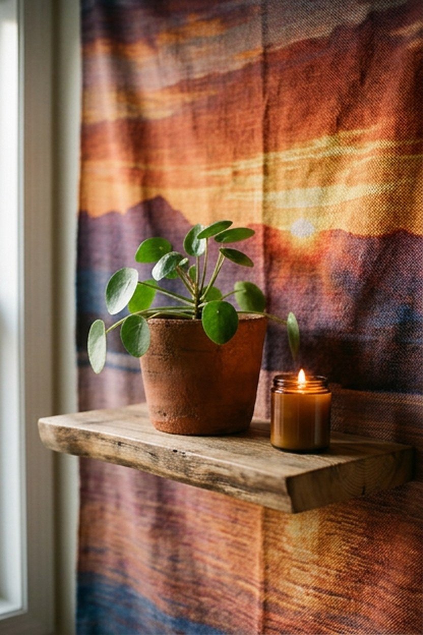 A floating wood shelf displaying objects in front of a sunset tapestry