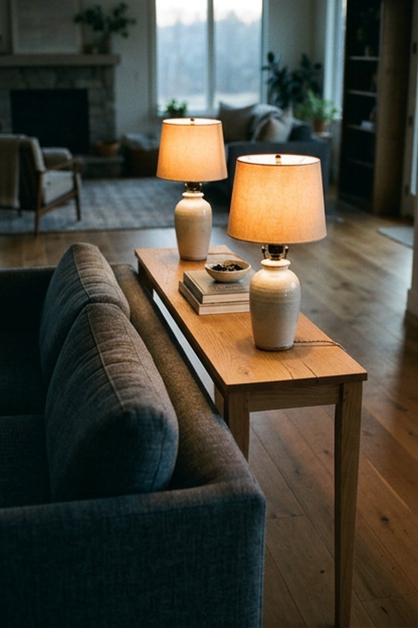 Floating sofa with a console table behind it in a large living room