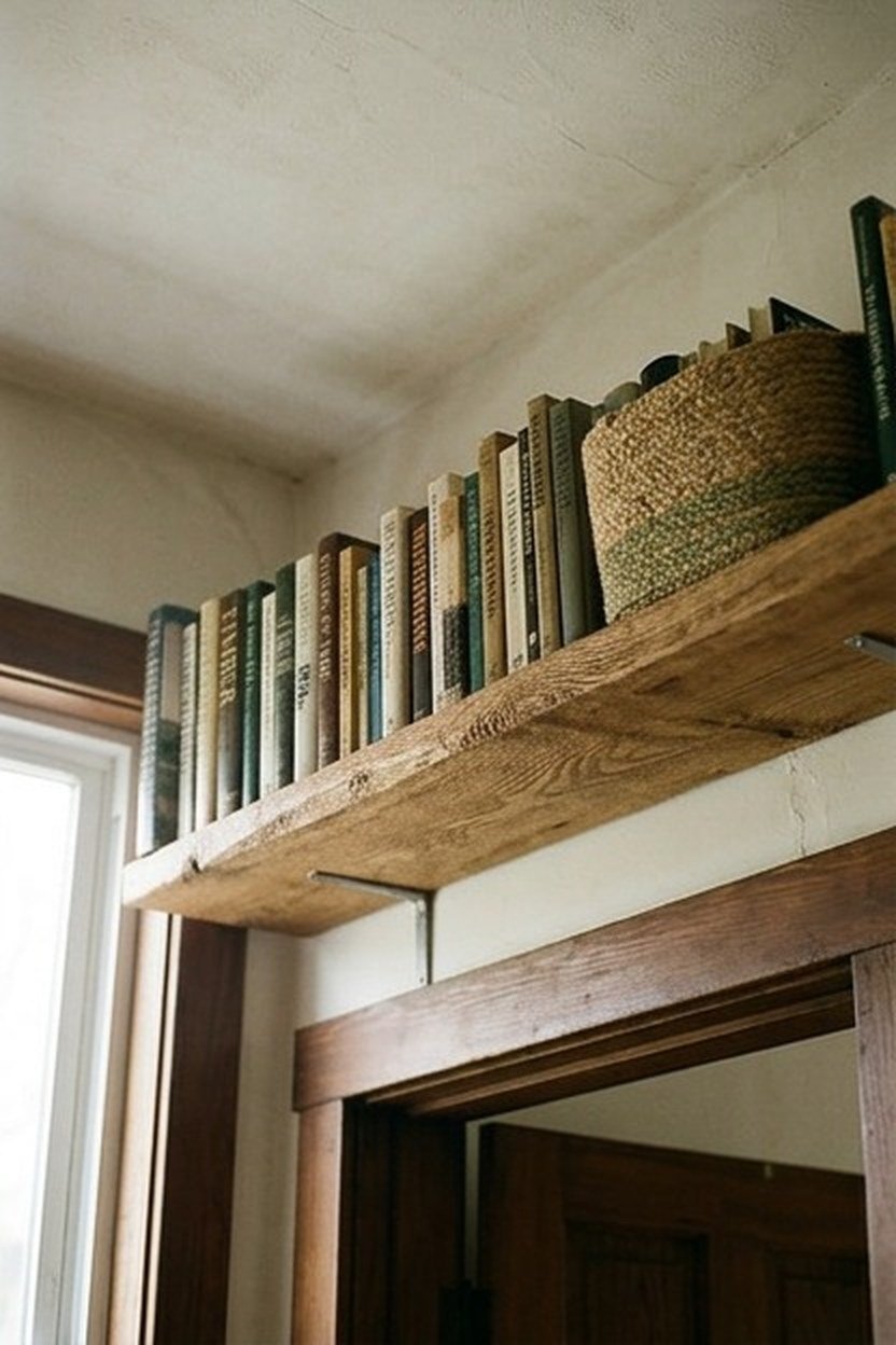 Floating wall shelves mounted above eye level in a studio apartment