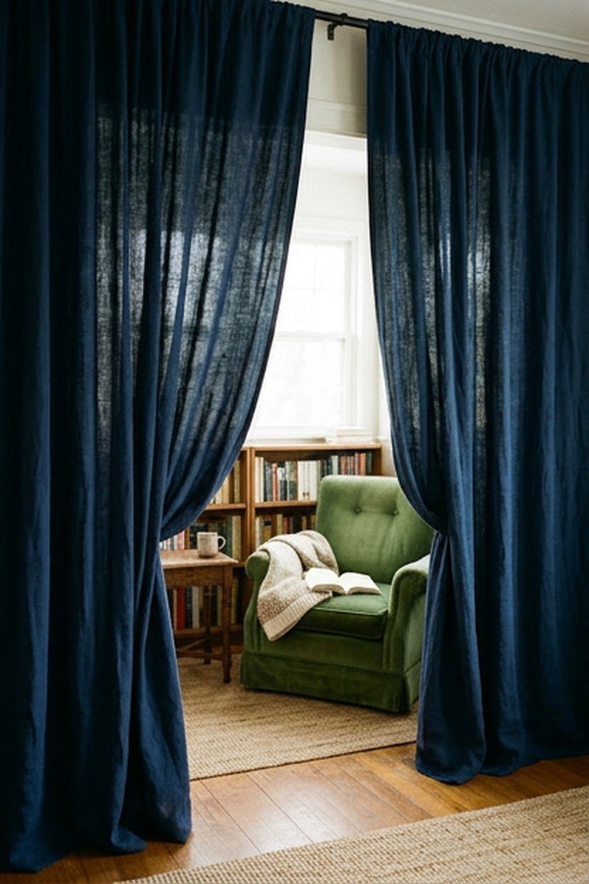 Floor to ceiling curtains enclosing a cozy navy reading nook