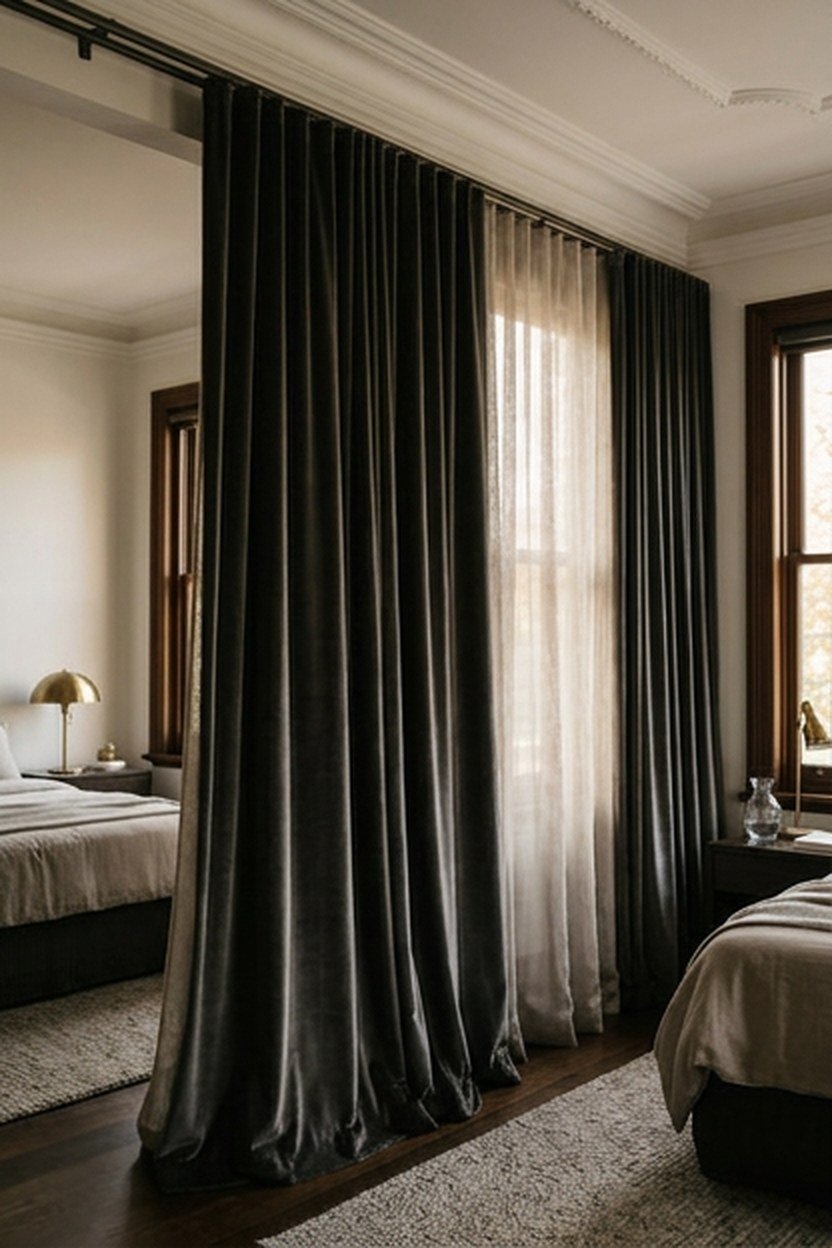 Floor to ceiling drapery in a luxe fabric in a modern bedroom