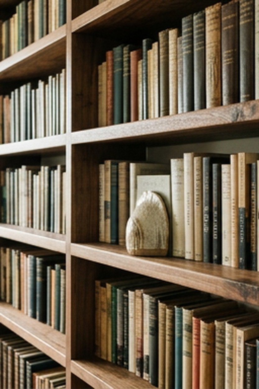 A floor to ceiling walnut shelving wall in a home library
